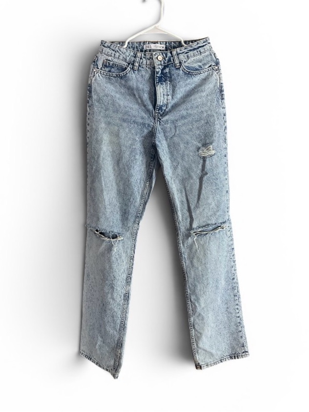 Zara Light Blue Distressed Straight-Leg Jeans